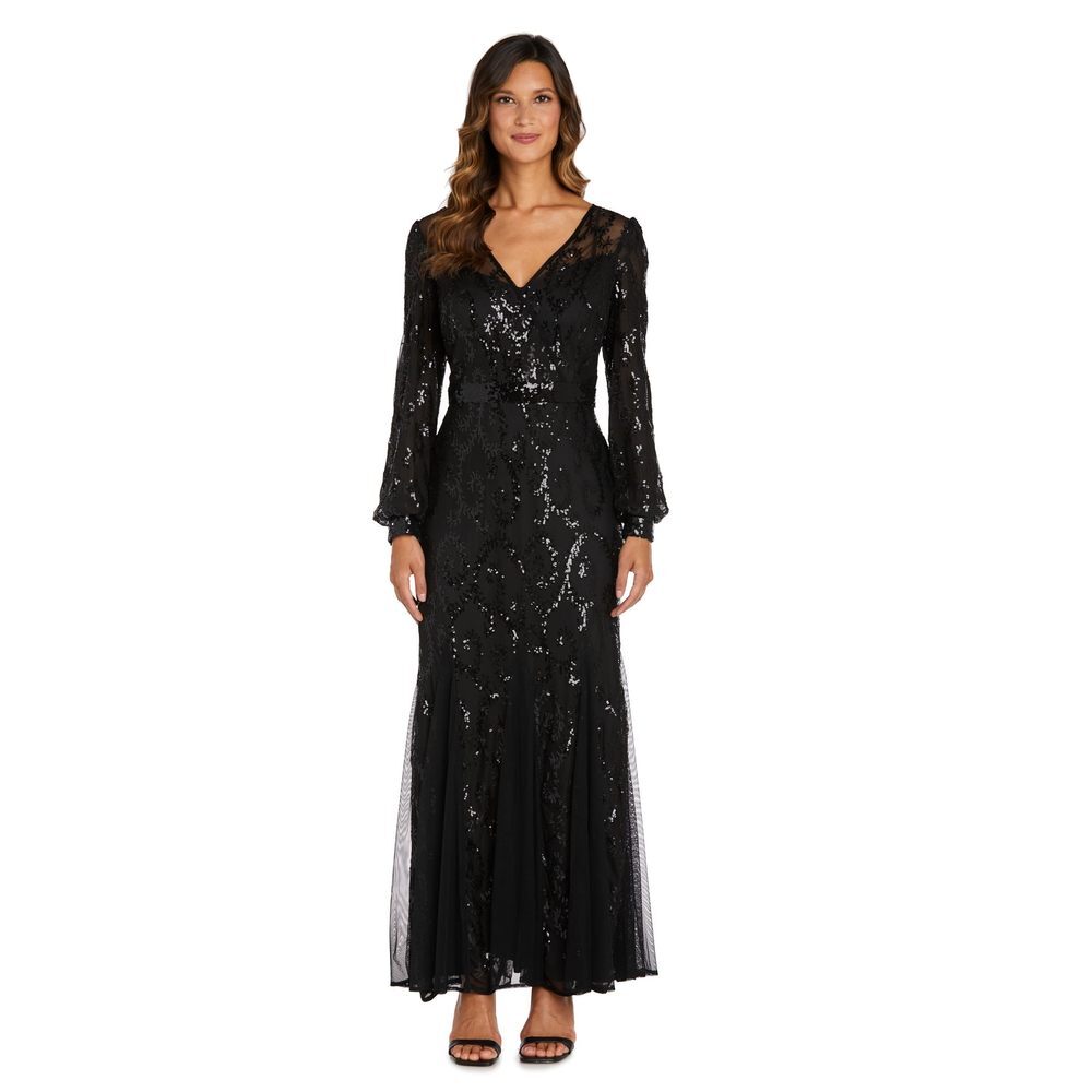 R&M Richards Womens Plus Sequined Mesh Evening Dress Black 16W
